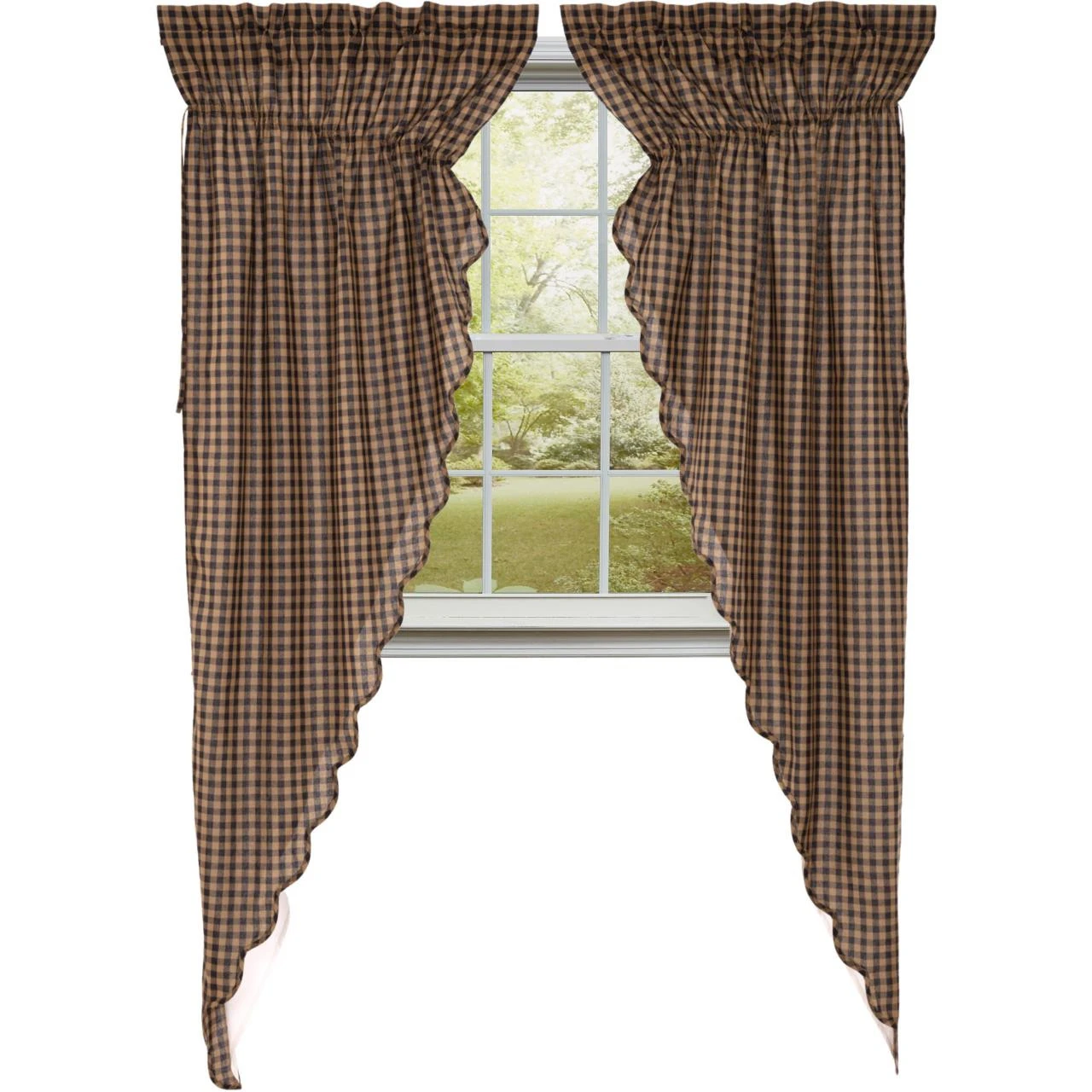 Black Check Scalloped Prairie Gathered Curtains - 72x84 3 Black Check Scalloped Prairie Gathered Curtains - 72x84