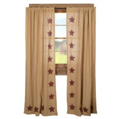 Burlap Natural Burgundy Stars Panels - 80x84