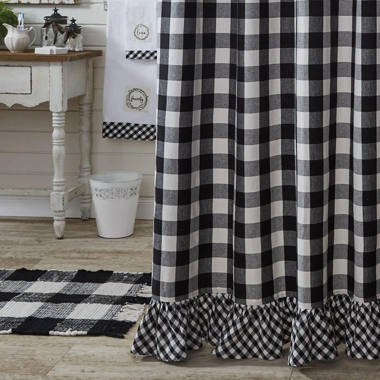 Wicklow Check Black & Cream Shower Curtain - Ruffled 3 Wicklow Check Black & Cream Shower Curtain - Ruffled