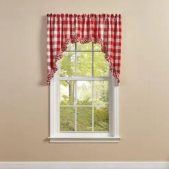 Wicklow Check Red & Cream Swags - Ruffled 72x36 -Home Improvement Store Wicklow Check Red Cream Swags Ruffled 72x36 762242036604 image3 00931.1679689740