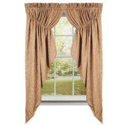 York Ticking Red Prairie Gathered Curtains - 72x63